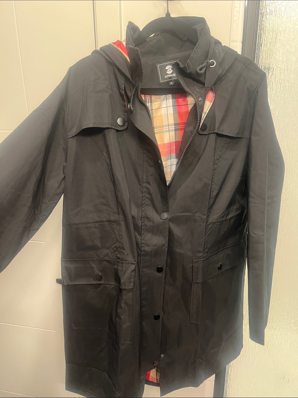Barbour Black Women's Hooded Long Rain Jacket with Tartan Lining